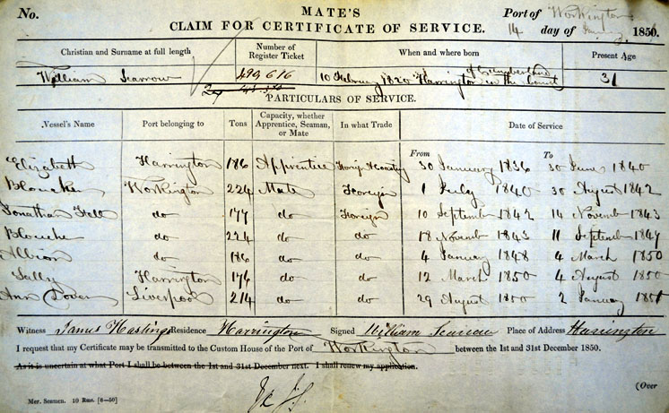 William Scarrow's Claim for a Mates Certificate of Service